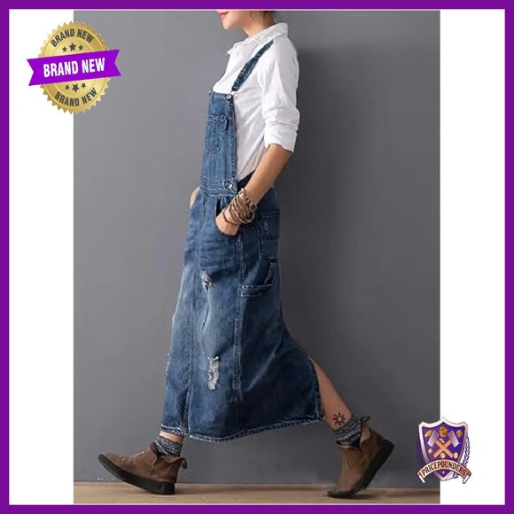 Adjustable Strap Distressed Denim Overall Dress A-Line Pinafore - Picture 3 of 7